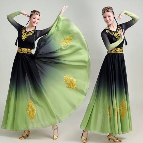 Green gradient Xinjiang  dance dress Chinese folk dance costumes for girls women large swing dance dress Uyghur long skirt art test solo dance  performance costume